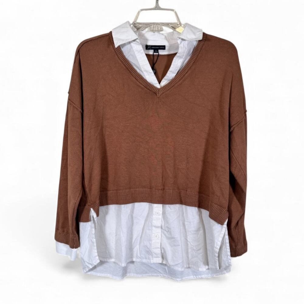 Adrianna Papell Brown Sweater W/ White Collar Women’s M Preppy Academia Pullover